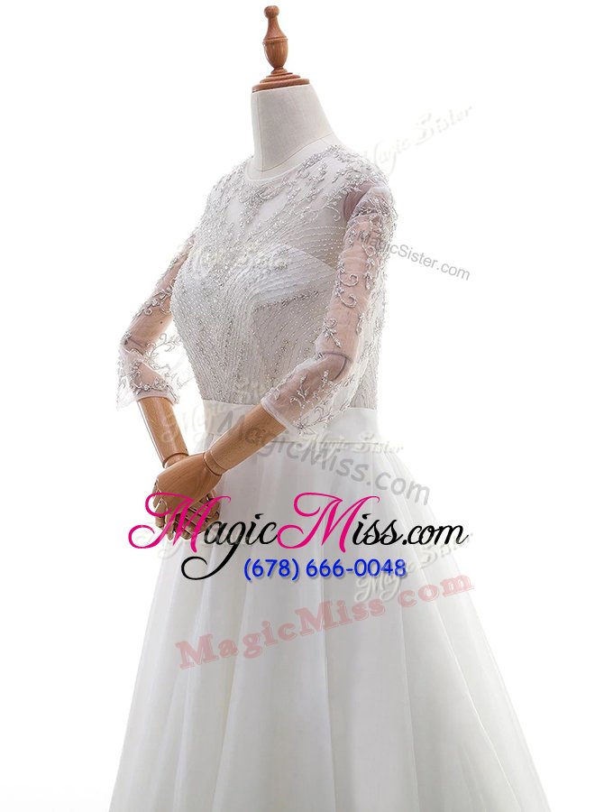 wholesale flare scoop organza 3|4 length sleeve with train wedding dress brush train and beading and lace