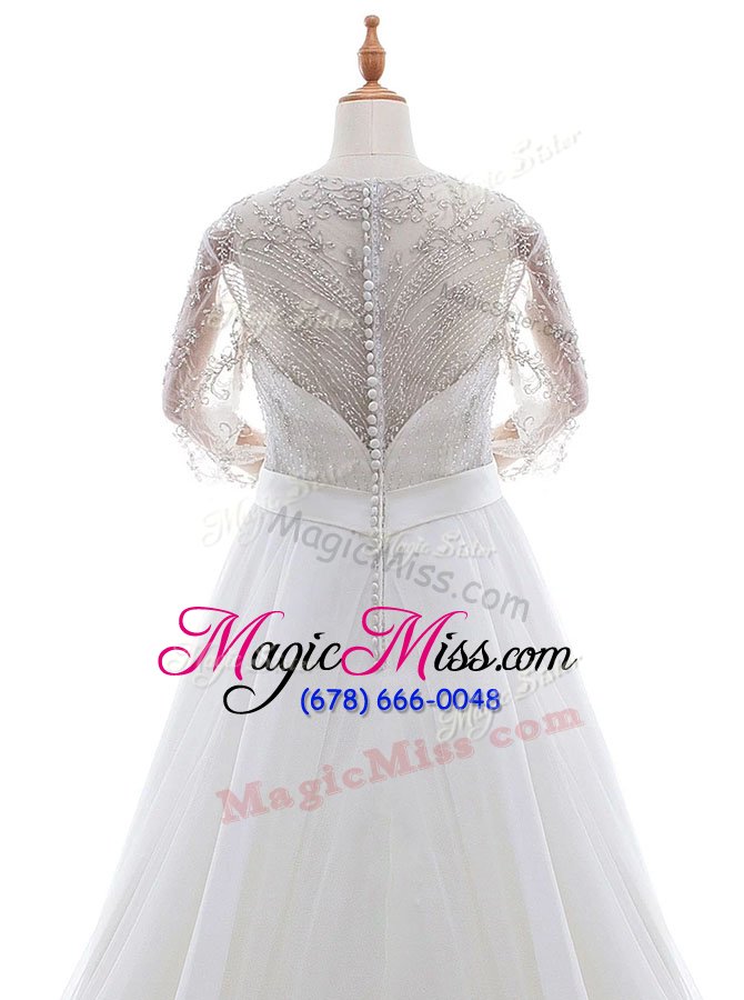 wholesale flare scoop organza 3|4 length sleeve with train wedding dress brush train and beading and lace