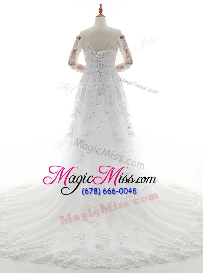 wholesale glamorous brush train column/sheath wedding gowns white off the shoulder lace long sleeves with train lace up