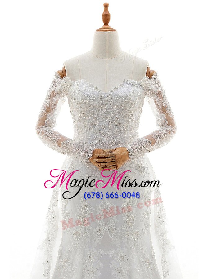 wholesale glamorous brush train column/sheath wedding gowns white off the shoulder lace long sleeves with train lace up