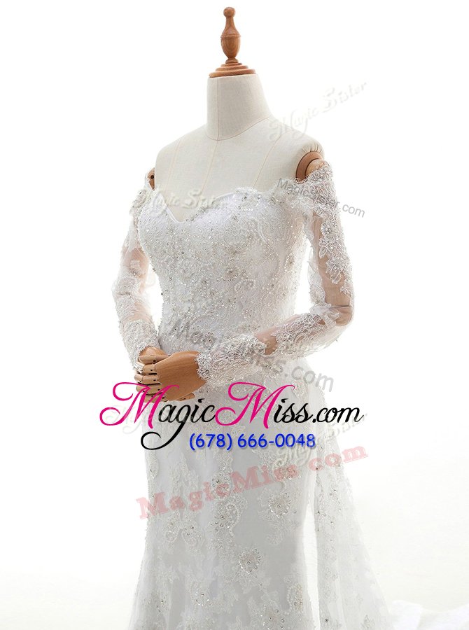 wholesale glamorous brush train column/sheath wedding gowns white off the shoulder lace long sleeves with train lace up