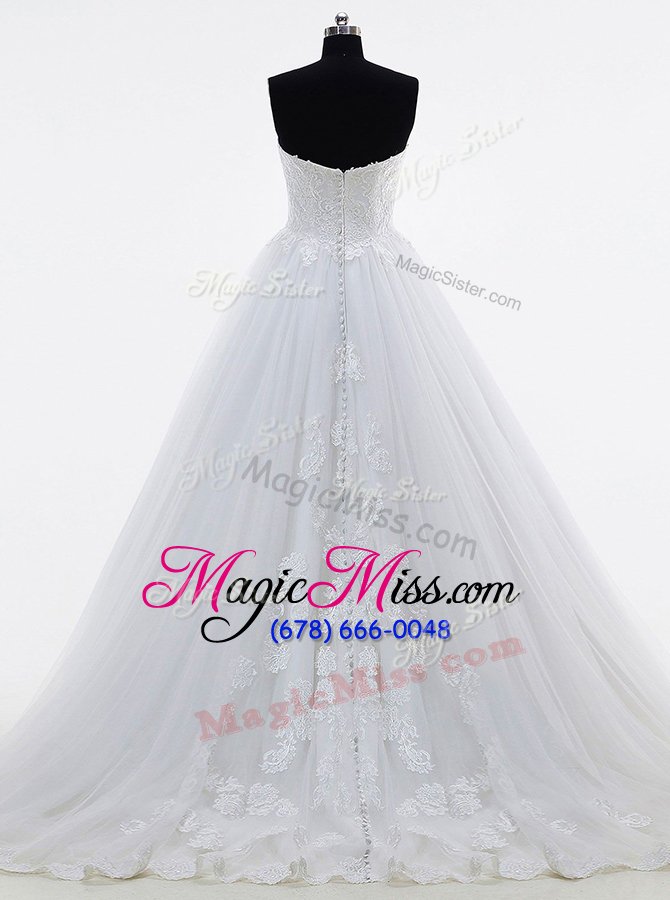 wholesale simple white sleeveless brush train lace and appliques with train wedding gown