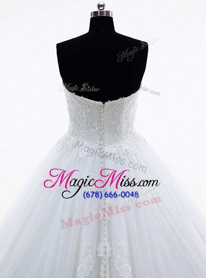 wholesale simple white sleeveless brush train lace and appliques with train wedding gown