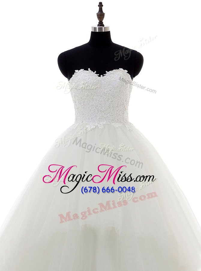 wholesale white lace zipper wedding gown sleeveless sweep train lace and appliques