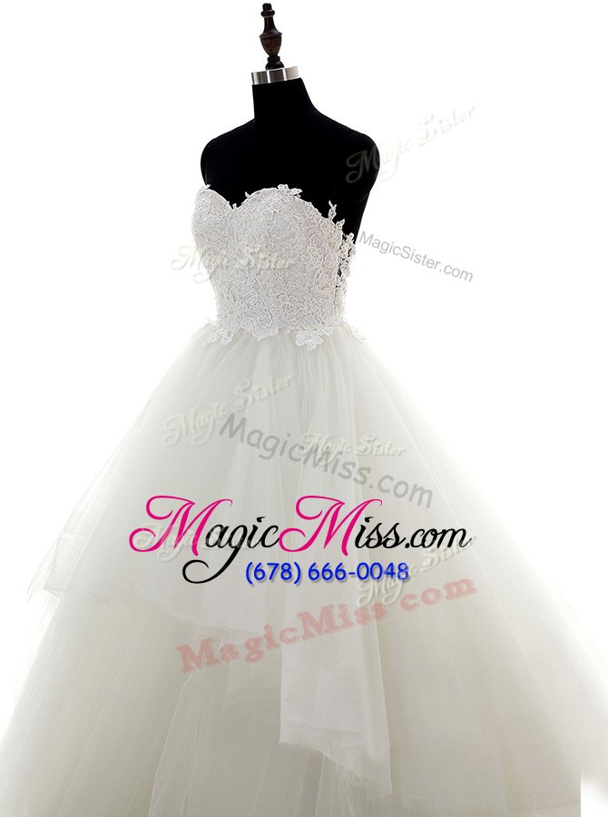 wholesale white lace zipper wedding gown sleeveless sweep train lace and appliques