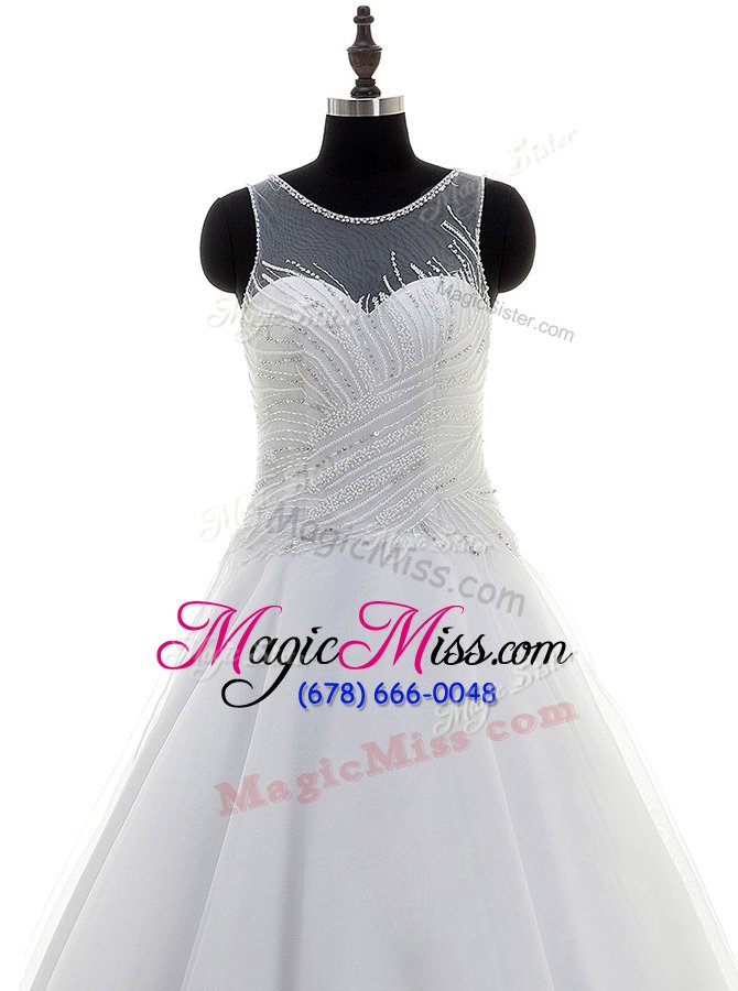 wholesale sexy scoop white sleeveless with train beading zipper wedding dress