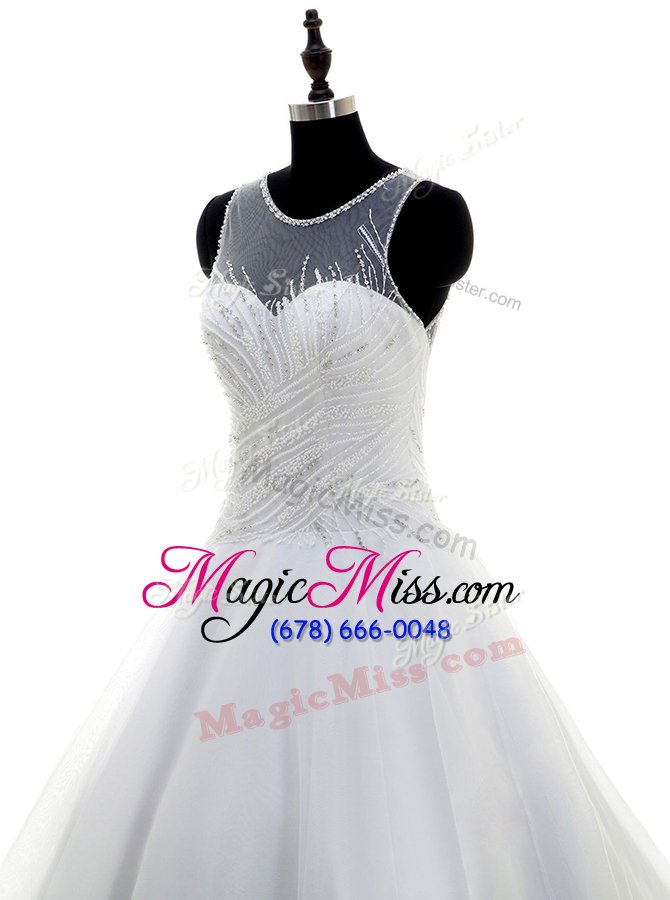 wholesale sexy scoop white sleeveless with train beading zipper wedding dress