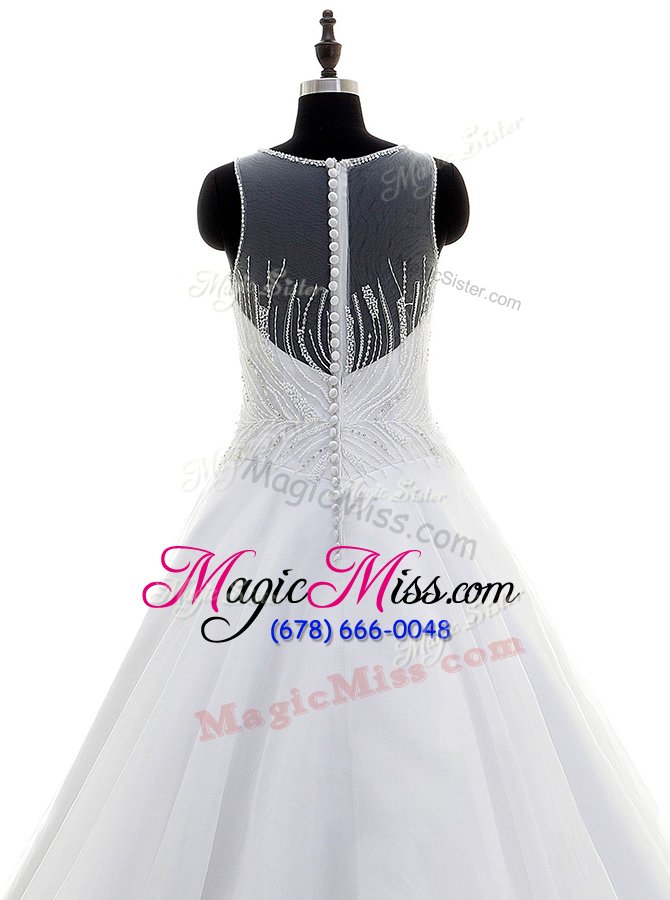 wholesale sexy scoop white sleeveless with train beading zipper wedding dress