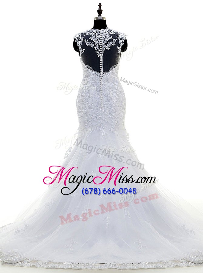 wholesale luxury mermaid square sleeveless wedding gown with brush train beading and lace and appliques white tulle