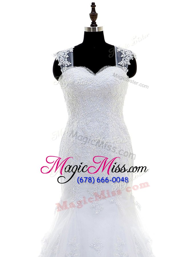 wholesale luxury mermaid square sleeveless wedding gown with brush train beading and lace and appliques white tulle