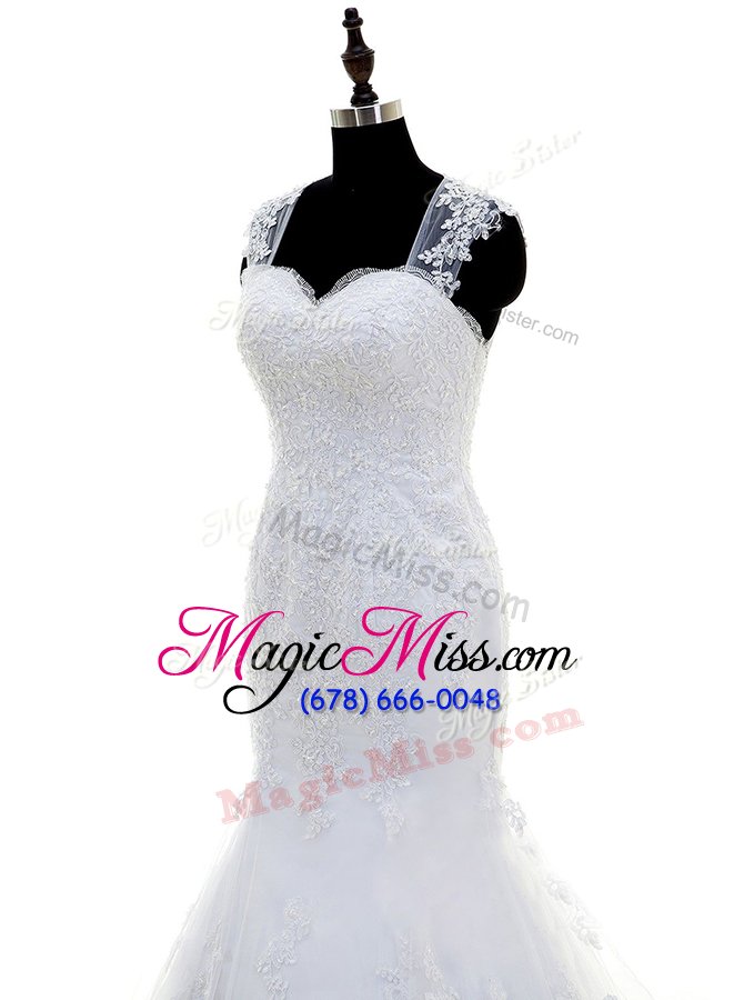 wholesale luxury mermaid square sleeveless wedding gown with brush train beading and lace and appliques white tulle