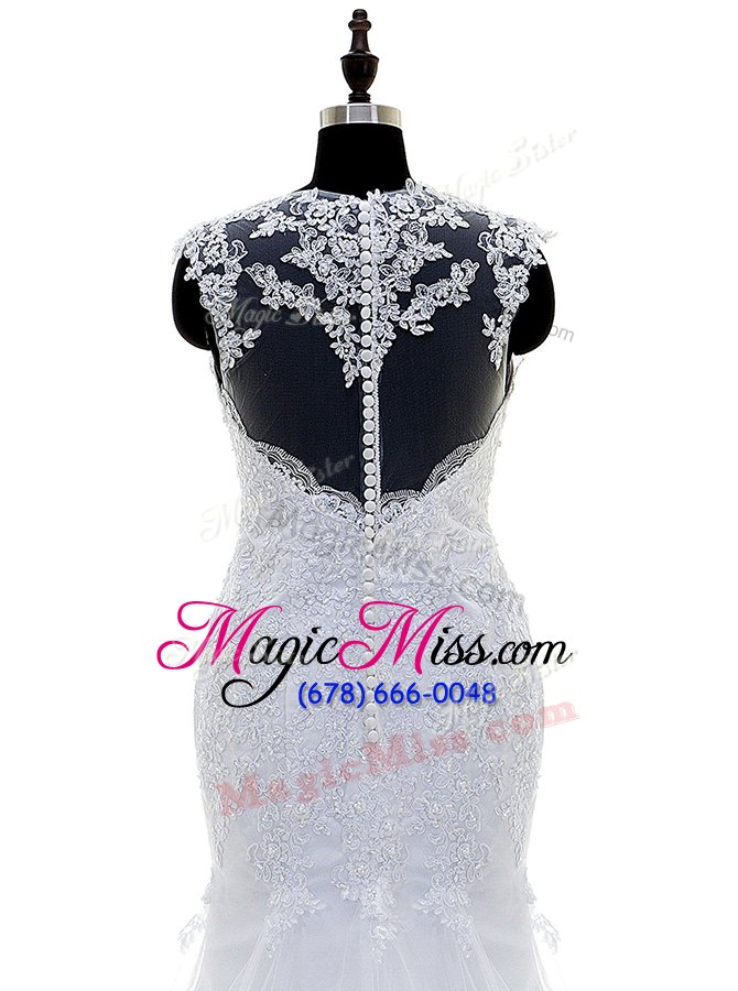 wholesale luxury mermaid square sleeveless wedding gown with brush train beading and lace and appliques white tulle