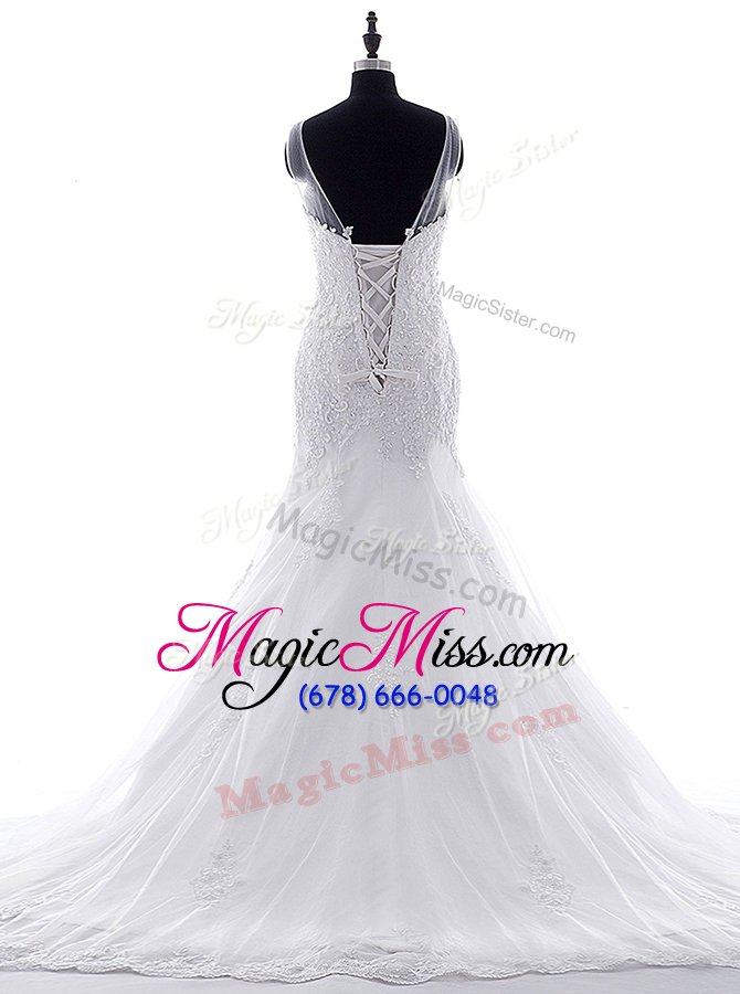 wholesale sumptuous mermaid tulle scoop sleeveless brush train lace up lace and appliques wedding gown in white