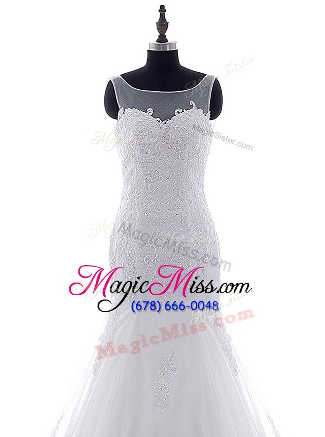 wholesale sumptuous mermaid tulle scoop sleeveless brush train lace up lace and appliques wedding gown in white