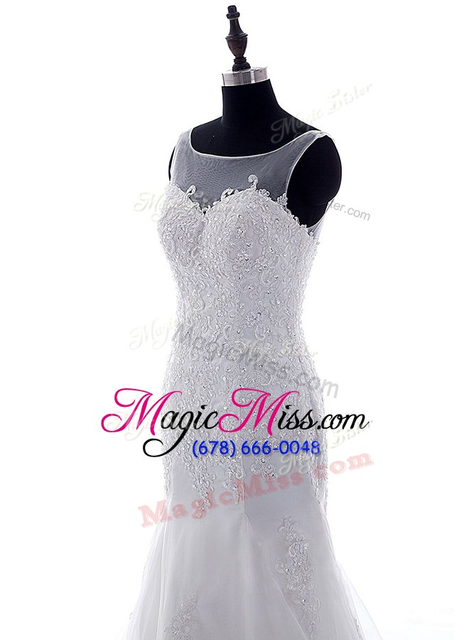 wholesale sumptuous mermaid tulle scoop sleeveless brush train lace up lace and appliques wedding gown in white