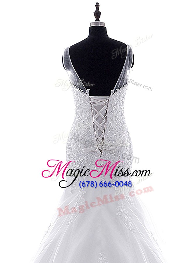 wholesale sumptuous mermaid tulle scoop sleeveless brush train lace up lace and appliques wedding gown in white