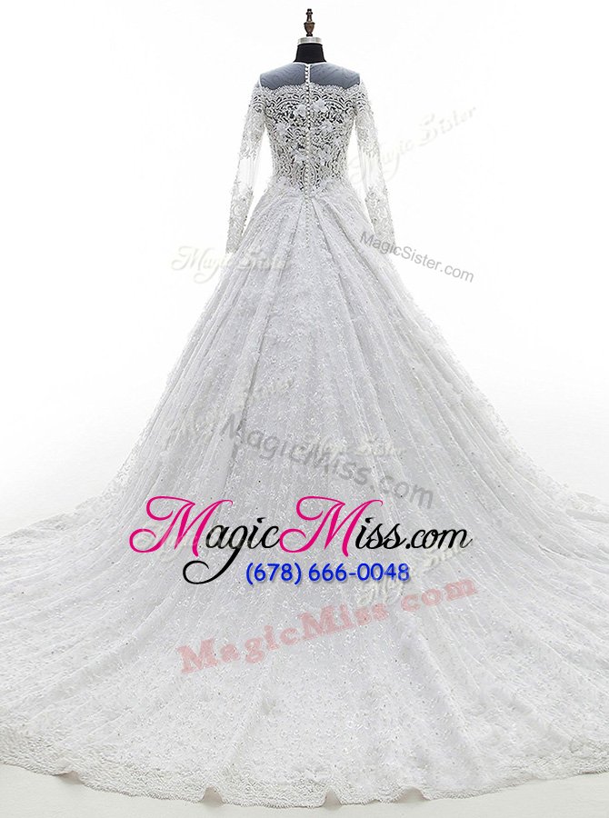 wholesale stylish white a-line scoop long sleeves lace court train zipper appliques wedding dress