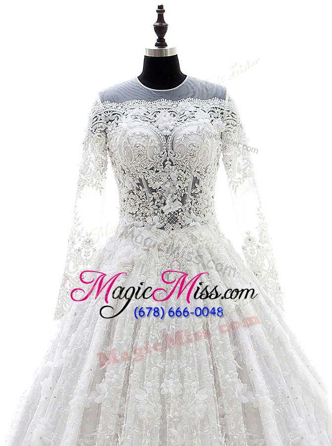 wholesale stylish white a-line scoop long sleeves lace court train zipper appliques wedding dress