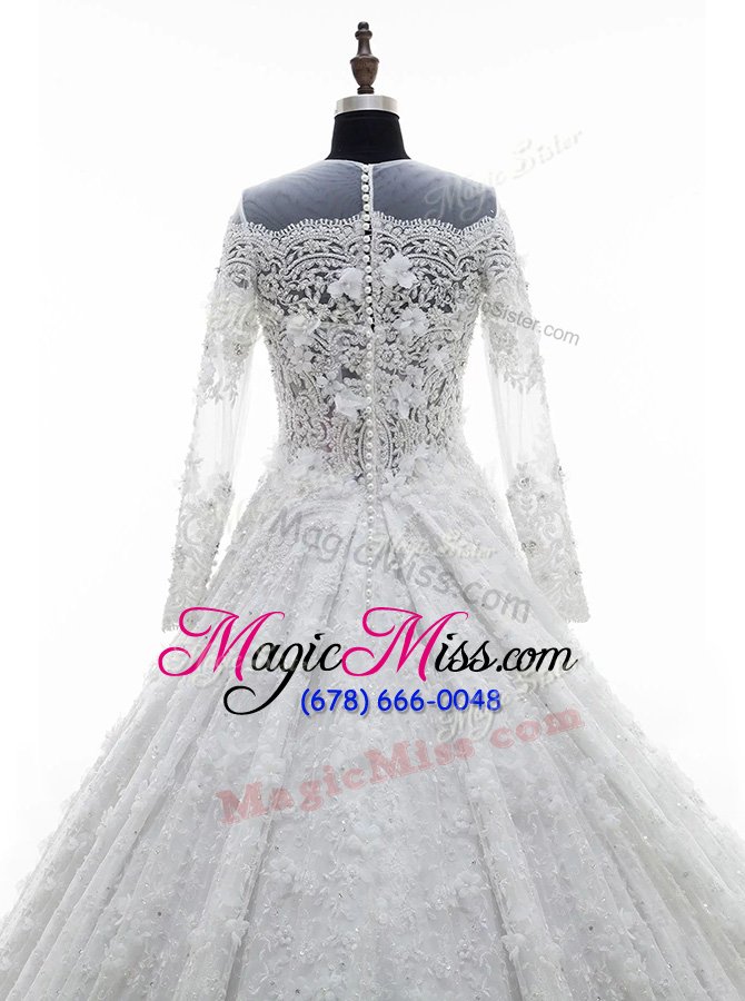 wholesale stylish white a-line scoop long sleeves lace court train zipper appliques wedding dress