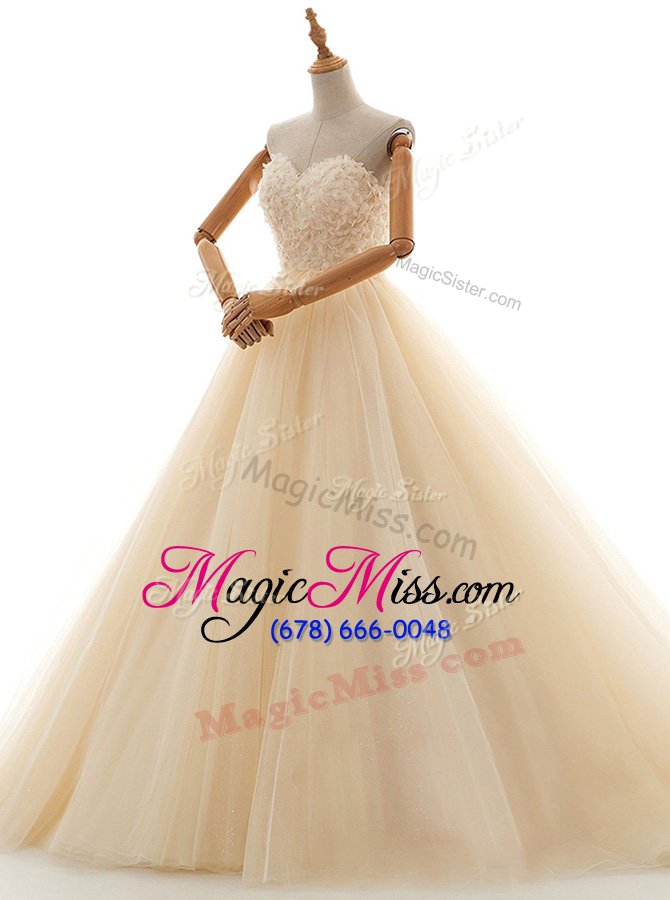 wholesale custom fit champagne sleeveless lace floor length wedding gown