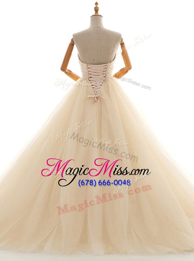 wholesale custom fit champagne sleeveless lace floor length wedding gown