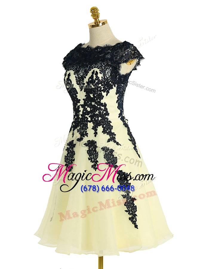 wholesale glorious scalloped black and yellow cap sleeves knee length appliques zipper dress for prom