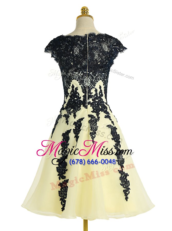 wholesale glorious scalloped black and yellow cap sleeves knee length appliques zipper dress for prom