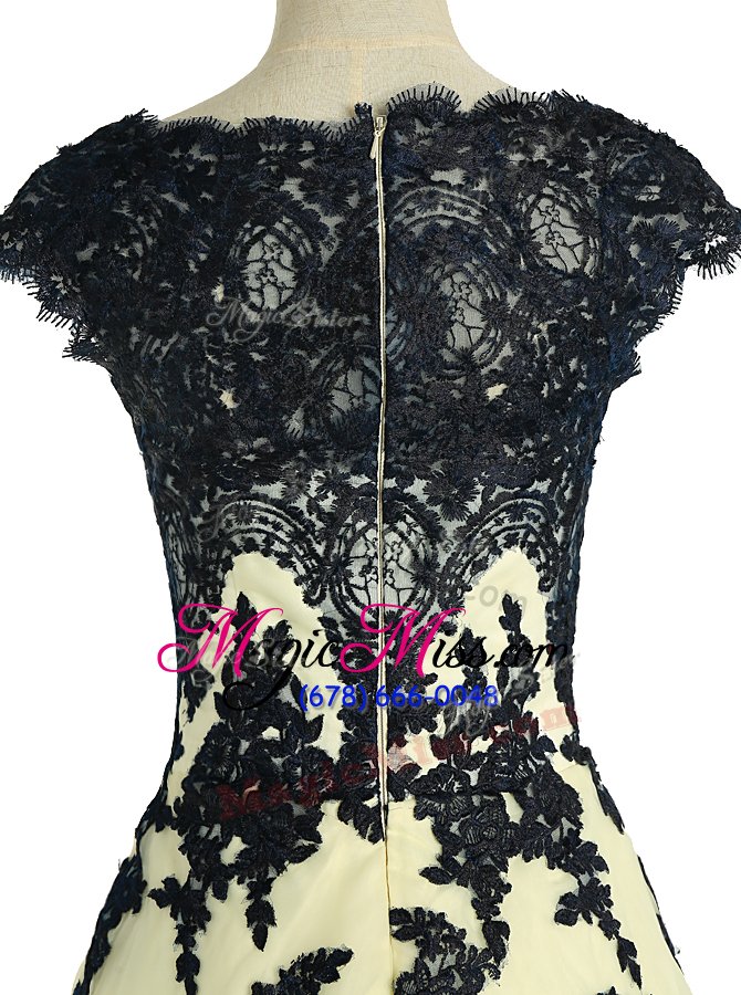 wholesale glorious scalloped black and yellow cap sleeves knee length appliques zipper dress for prom