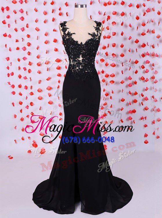 wholesale romantic mermaid black scoop zipper appliques prom gown brush train sleeveless