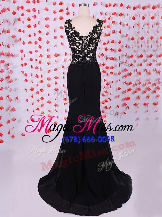 wholesale romantic mermaid black scoop zipper appliques prom gown brush train sleeveless