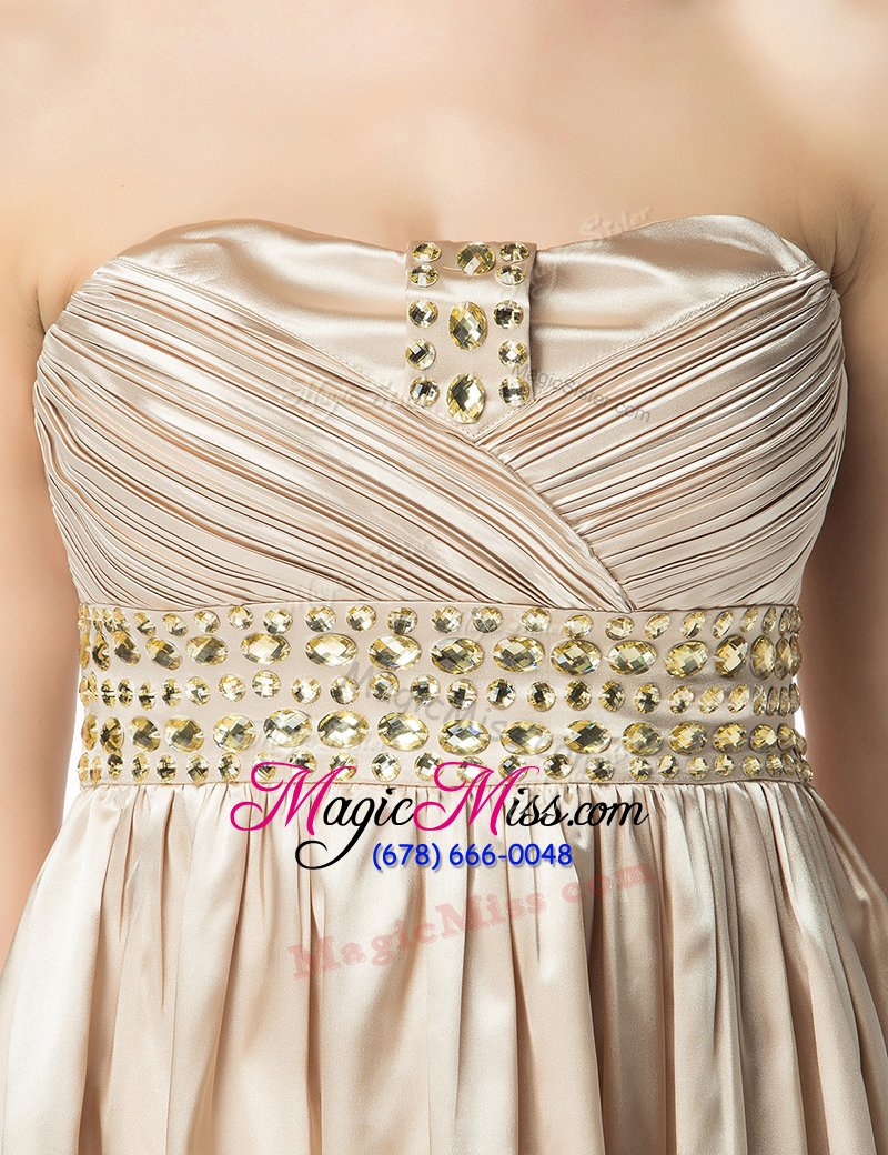 wholesale designer champagne strapless neckline beading and pleated prom party dress sleeveless side zipper