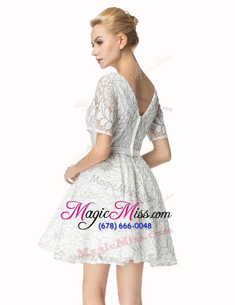 wholesale pretty lace v-neck short sleeves zipper sashes|ribbons evening dress in white