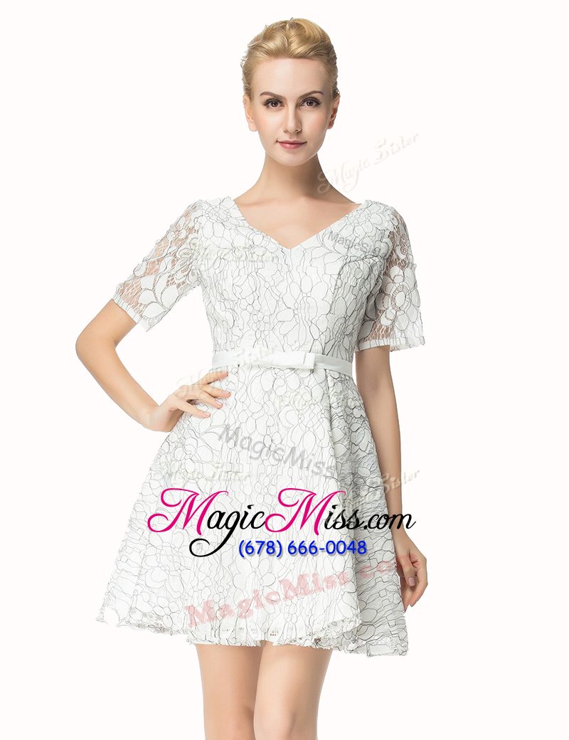 wholesale pretty lace v-neck short sleeves zipper sashes|ribbons evening dress in white