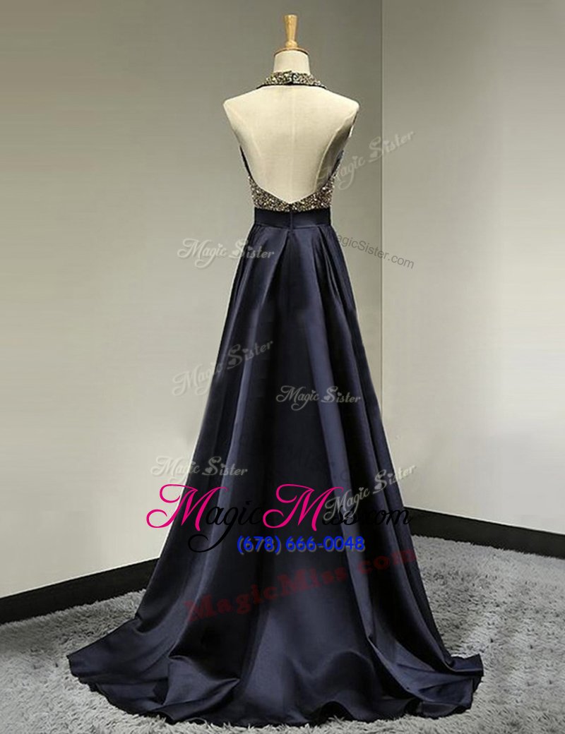 wholesale modest backless scoop sleeveless prom dresses with brush train beading blue satin