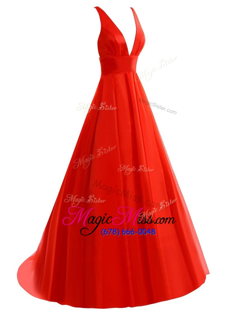 wholesale custom made orange zipper v-neck pleated prom evening gown organza sleeveless brush train