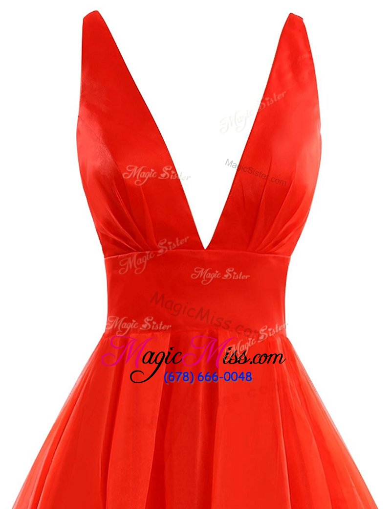 wholesale custom made orange zipper v-neck pleated prom evening gown organza sleeveless brush train