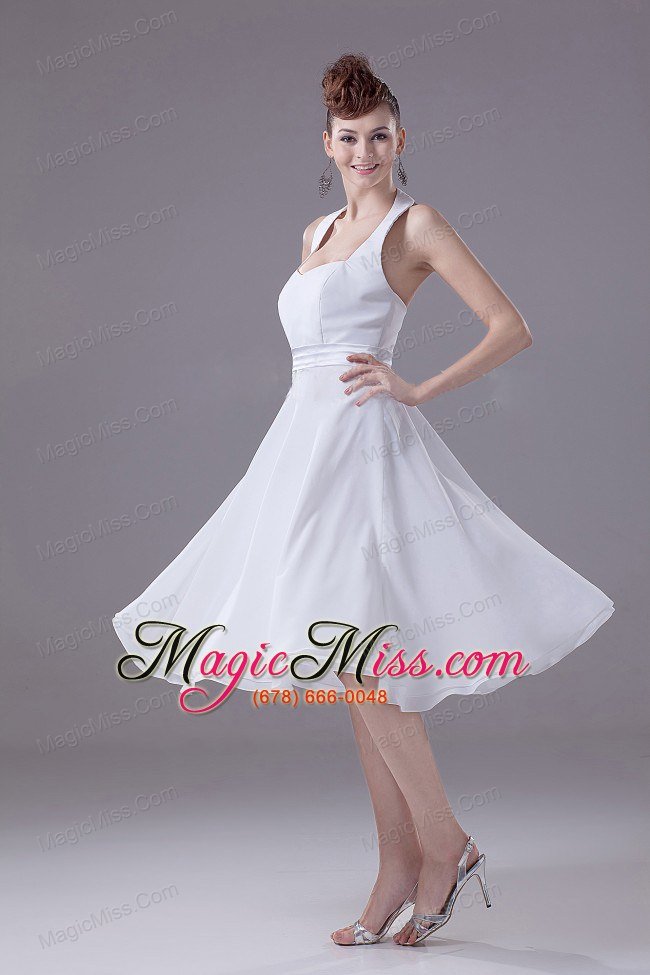 wholesale white halter empire chiffon tea-length bridesmaid dress