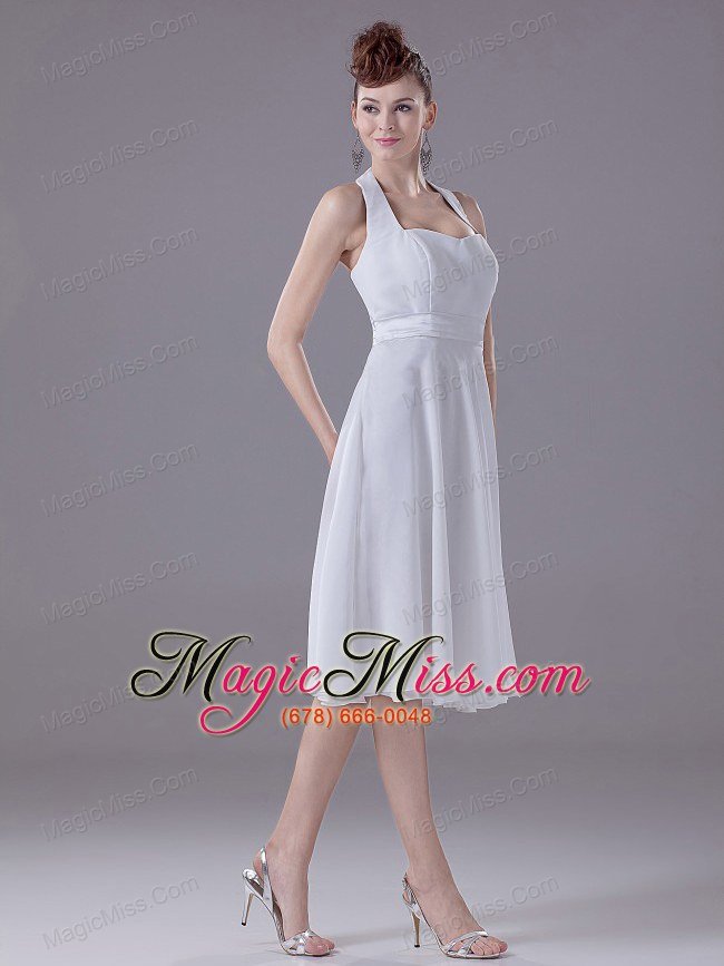 wholesale white halter empire chiffon tea-length bridesmaid dress