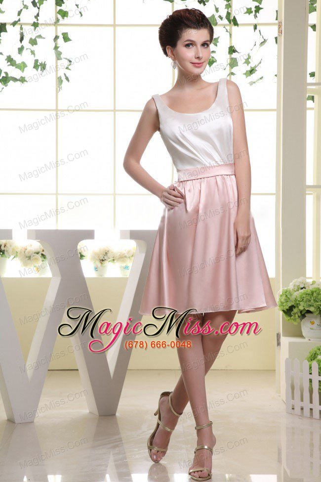 wholesale scoop bridesmaid dress with white and baby pink mini-length