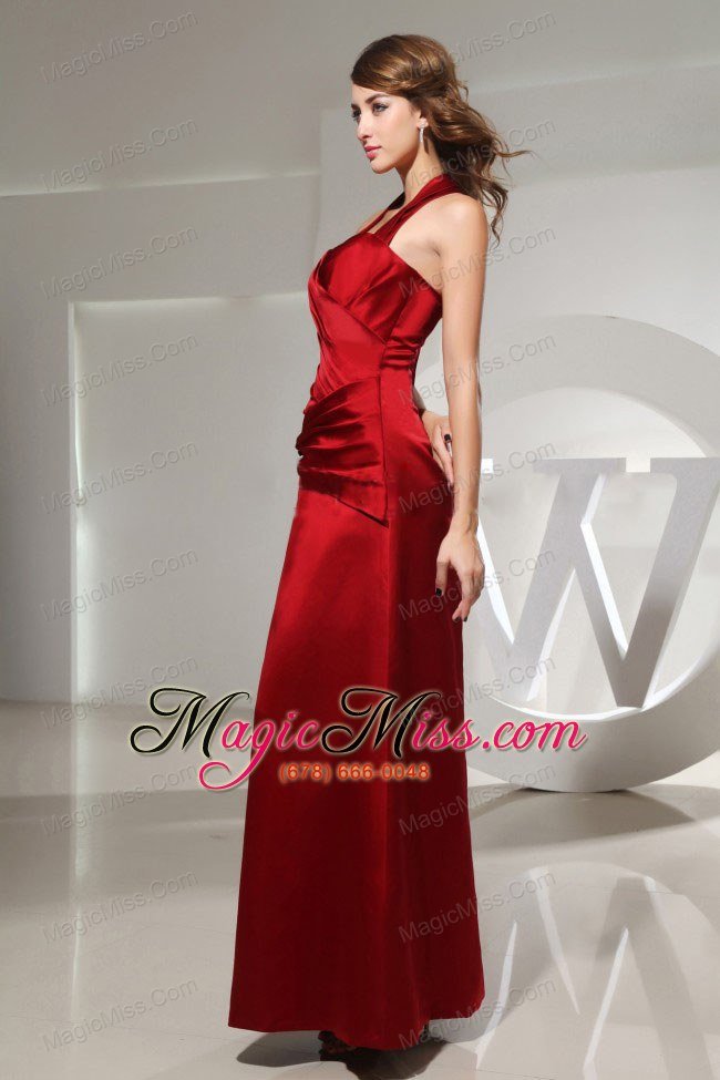 wholesale halter ruched ankle-length wine red satin prom dress column