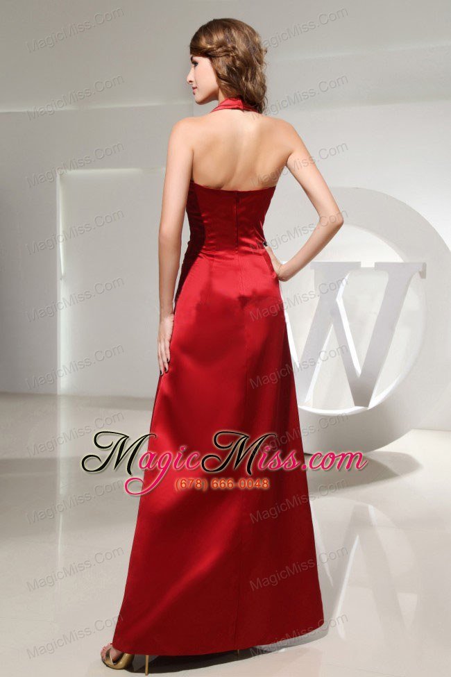 wholesale halter ruched ankle-length wine red satin prom dress column