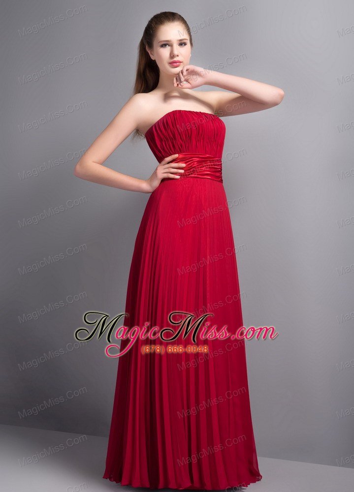 wholesale popular wine red strapless pleat bridesmaid dress floor-length