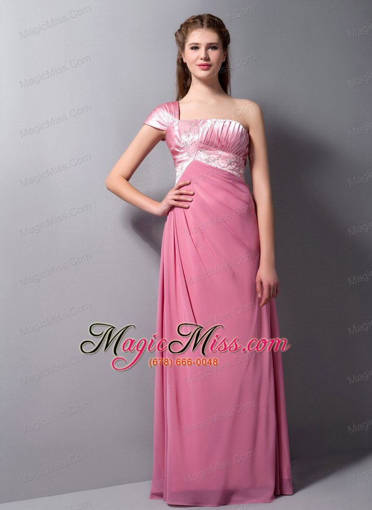 wholesale pink column one shoulder floor-length taffeta and chiffon beading prom dress