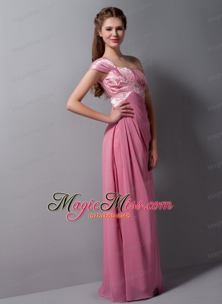 wholesale pink column one shoulder floor-length taffeta and chiffon beading prom dress