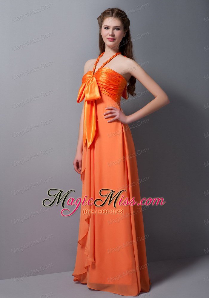 wholesale customize orange red empire halter ruch bridesmaid dress floor-length taffeta and chiffon