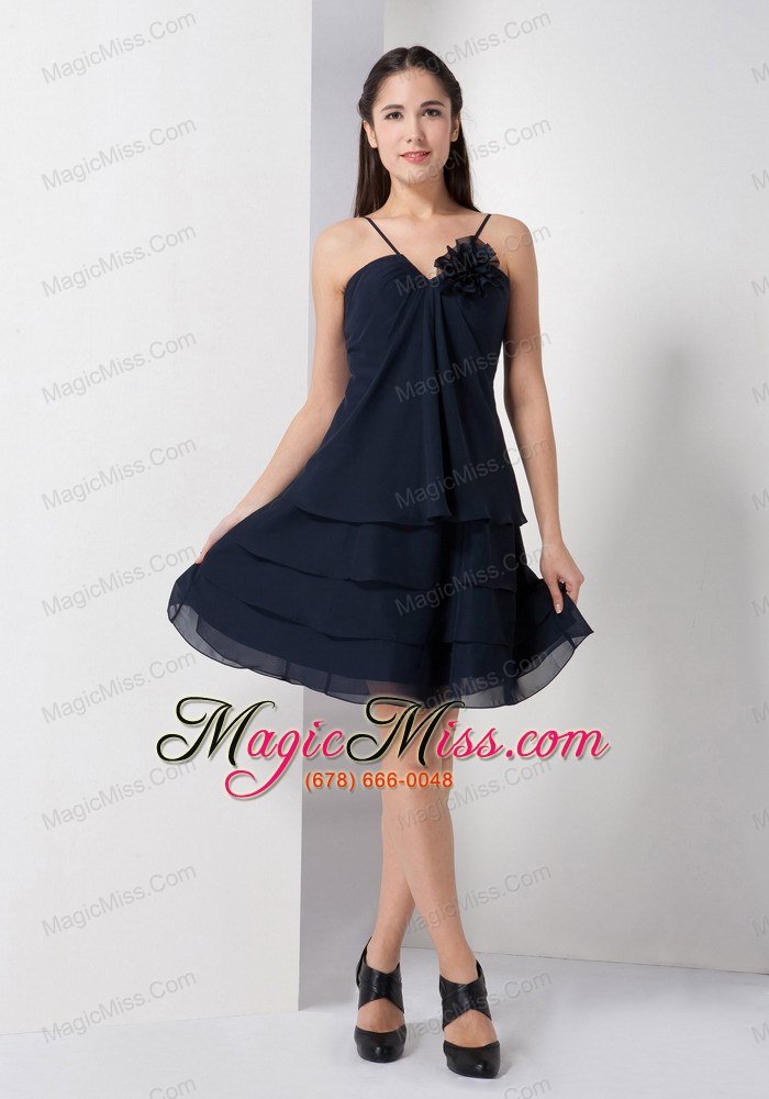 wholesale navy blue a-line spaghetti straps knee-length chiffon hand made flower prom dress