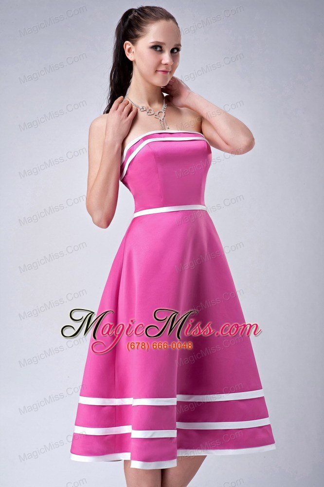 wholesale hot pink and white a-line / princess straplesstea-length satin bridesmaid dress