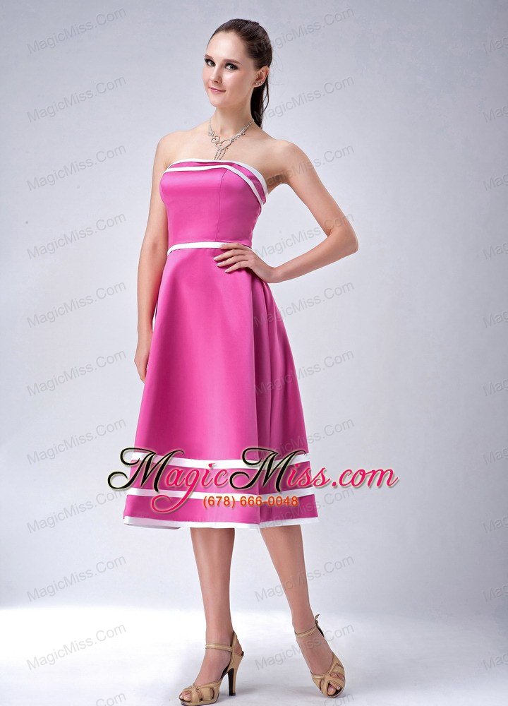 wholesale hot pink and white a-line / princess straplesstea-length satin bridesmaid dress