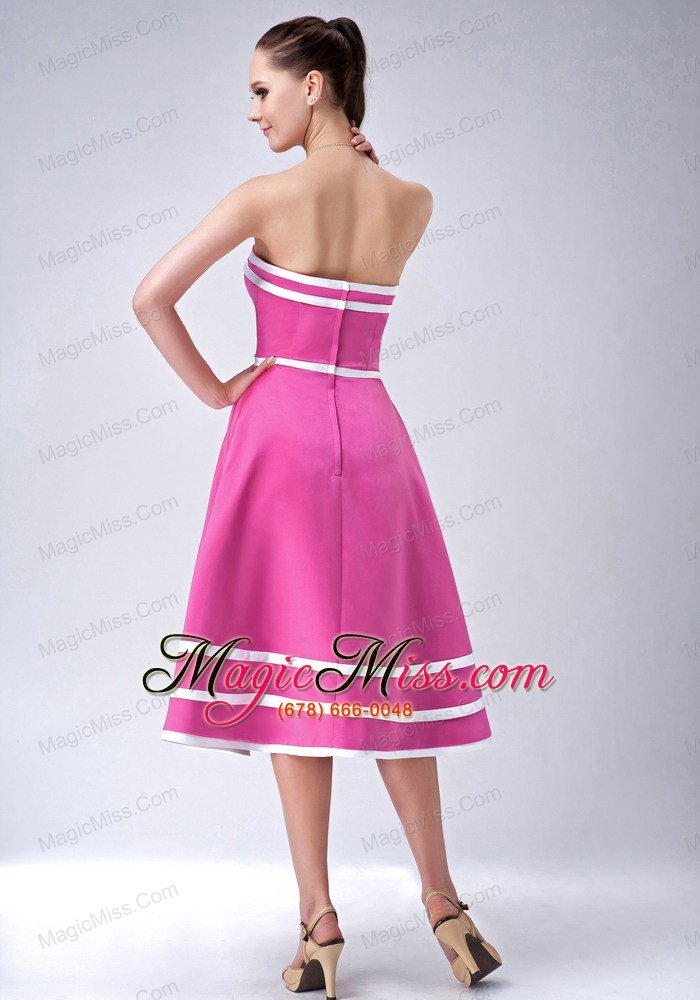 wholesale hot pink and white a-line / princess straplesstea-length satin bridesmaid dress