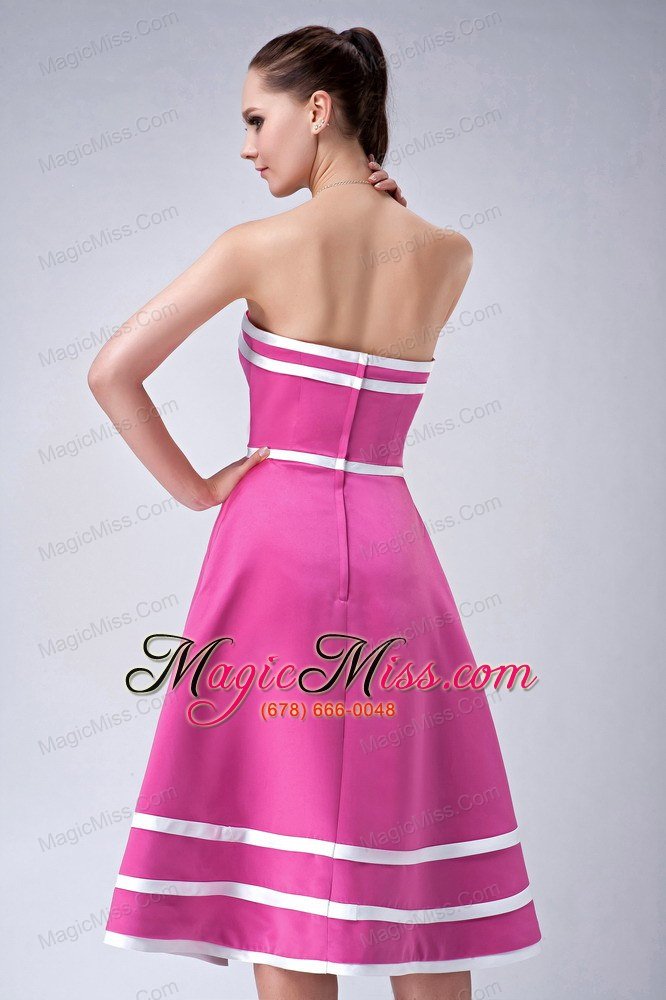 wholesale hot pink and white a-line / princess straplesstea-length satin bridesmaid dress